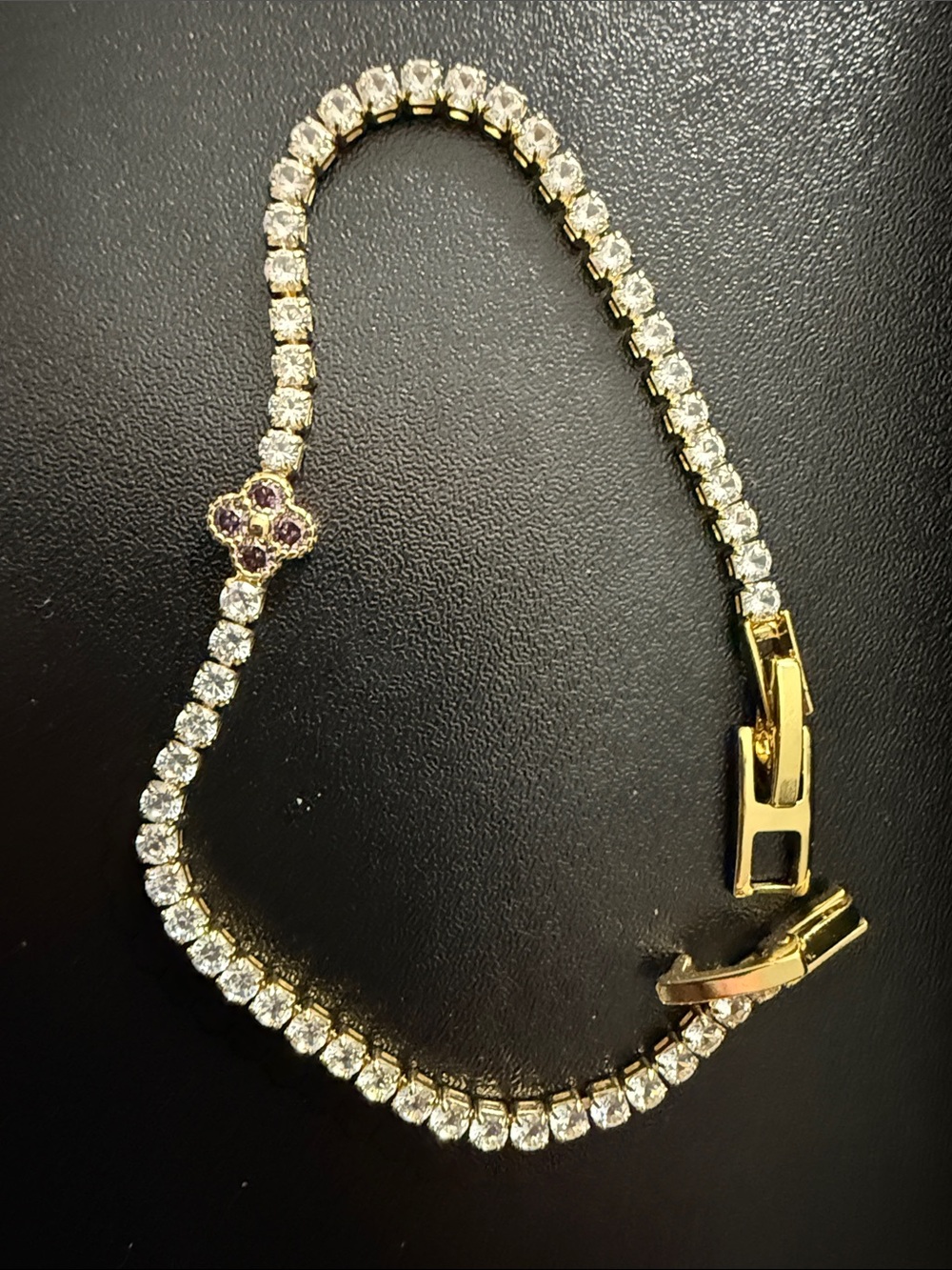 Dainty Gold-Filled Crystal Tennis Bracelet with Purple Clover Accent